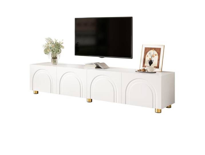 Meuble TV bas - Blanc - 180x35x40 cm - 4 portes avec relief en arc - Espace de rangement spacieux