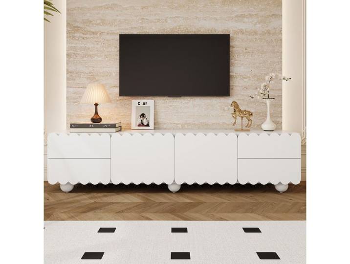 Meuble TV blanc avec portes et tiroirs design minimaliste structure surélevée MDF 175x38x37 cm