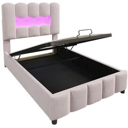 MODFU Polsterbett Velours Rosa 90x200 cm, LED-Beleuchtung, hydraulischer Stauraum, manuelle Kopfteilverstellung