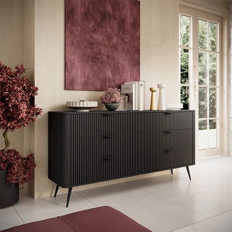 garneroarredamenti Madia 163x81h cm 6 cassetti moderna nero opaco cannettato Ramis