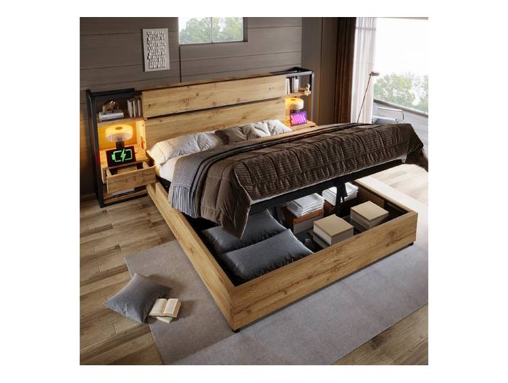 OKWISH Holzbett Mit Stauraum sowie USB- und Type-C-Ladeanschluss (Doppelbett, 1-tlg., Doppelbett 180x200 cm ohne Matratze), Sofort bezugsfertige Lösung mit moderner Konnektivität