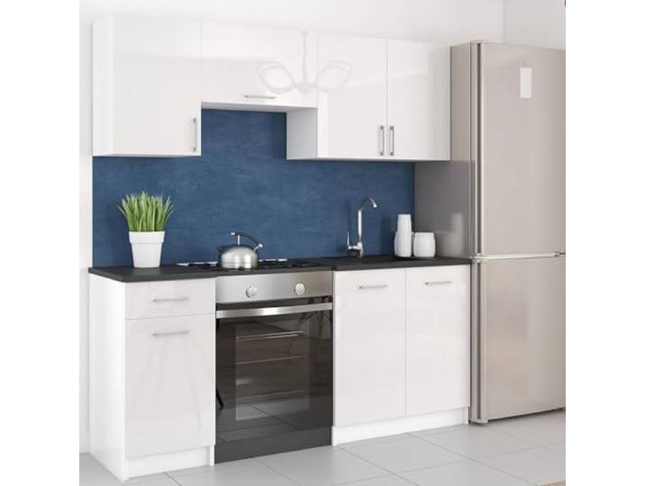 roe furniture Küchenzeile ohne Elektrogeräte - Modern Einbauküche 180 cm - Küche Komplett Leco - Küchenblock - Geräumige Singleküche - Küchenmöbel Komplett Weiß Hochglanz & Weiße Arbeitsplatte