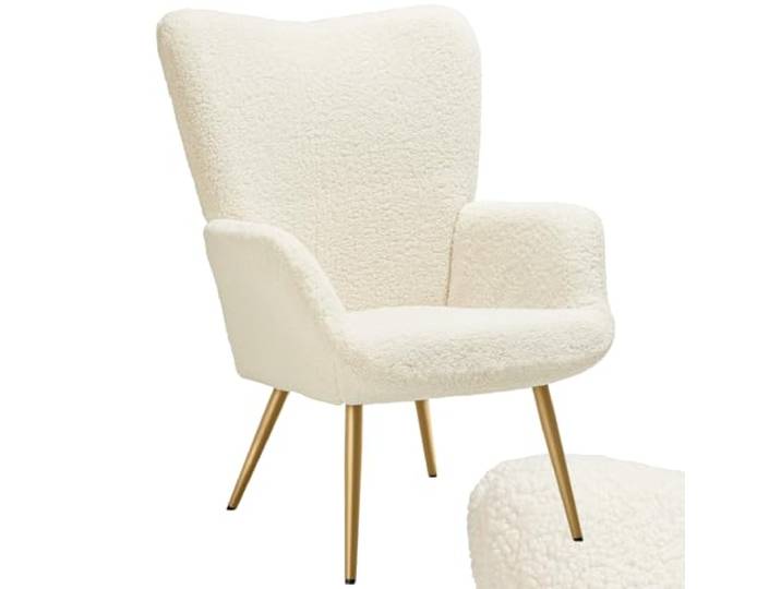 tectake® Skandinavischer Stil Ohrensessel, Teddy Sessel Hygge, Breitcord Sessel Wohnzimmer, Schlafzimmer, Esszimmerstuhl, Statement Piece Loungesessel, belastbar bis 150 kg - Bouclé Creme/Gold