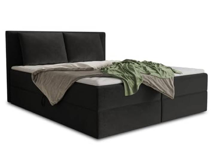 Sofnet Boxspringbett Egro mit 2 Bettkästen und Zwei große Kissen - Doppelbett mit Bonell-Matratze und Topper, Polsterbett, Bett, Bettgestell Schlafzimmer (Schwarz (Kronos 07), 180 x 200 cm)
