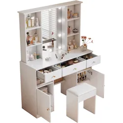 Schminktisch mit verstellbarer LED-Beleuchtung, großer Spiegel, 3 Schubladen & 2 Türen, Stauraum, Hollywood-Stil, 110x40x151 Weiß