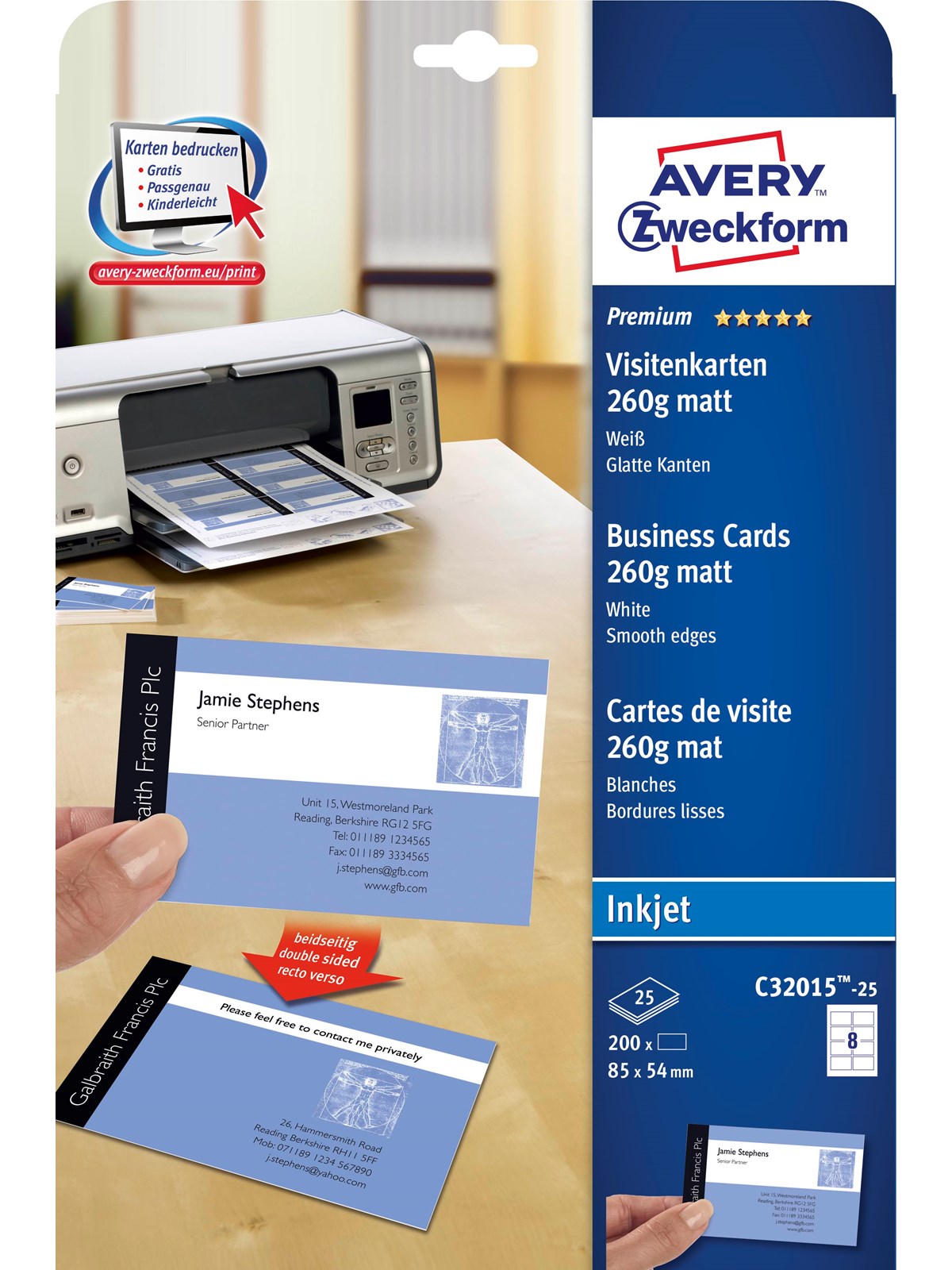 Avery Business cards white matt double-sided print 260g Quick & Clean