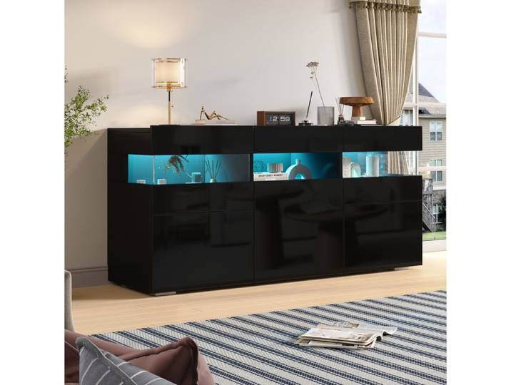 Buffet Bas 3 Portes 7 Rangements et Éclairage LED - ELVMI - Panneaux de Particules Noir 140 × 40 5 × 66 5 cm