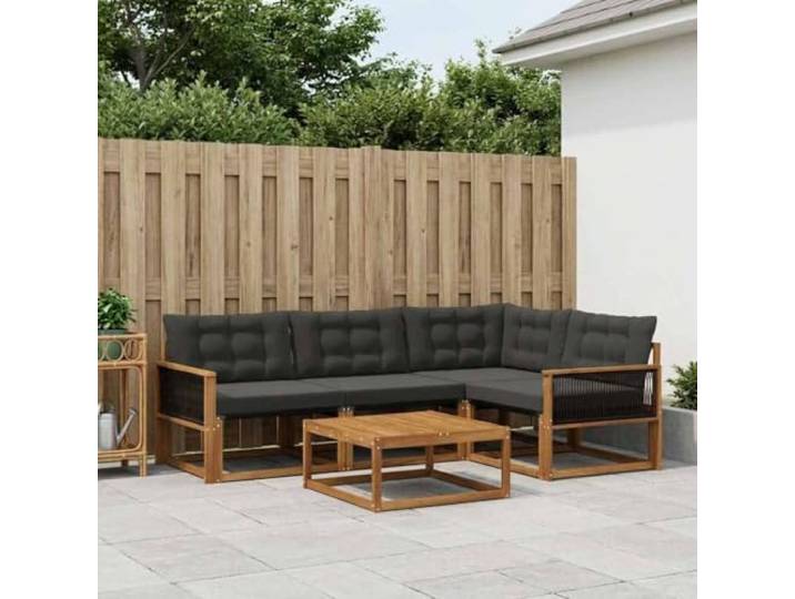 HFMDRMU Modulares Sofa Garten 5-TLG. mit Textilene Kissen, Massivholz Akazienrahmen, Outdoor-Sofagarnitur in Natürlich und Schwarz, wetterbeständig und pflegeleicht