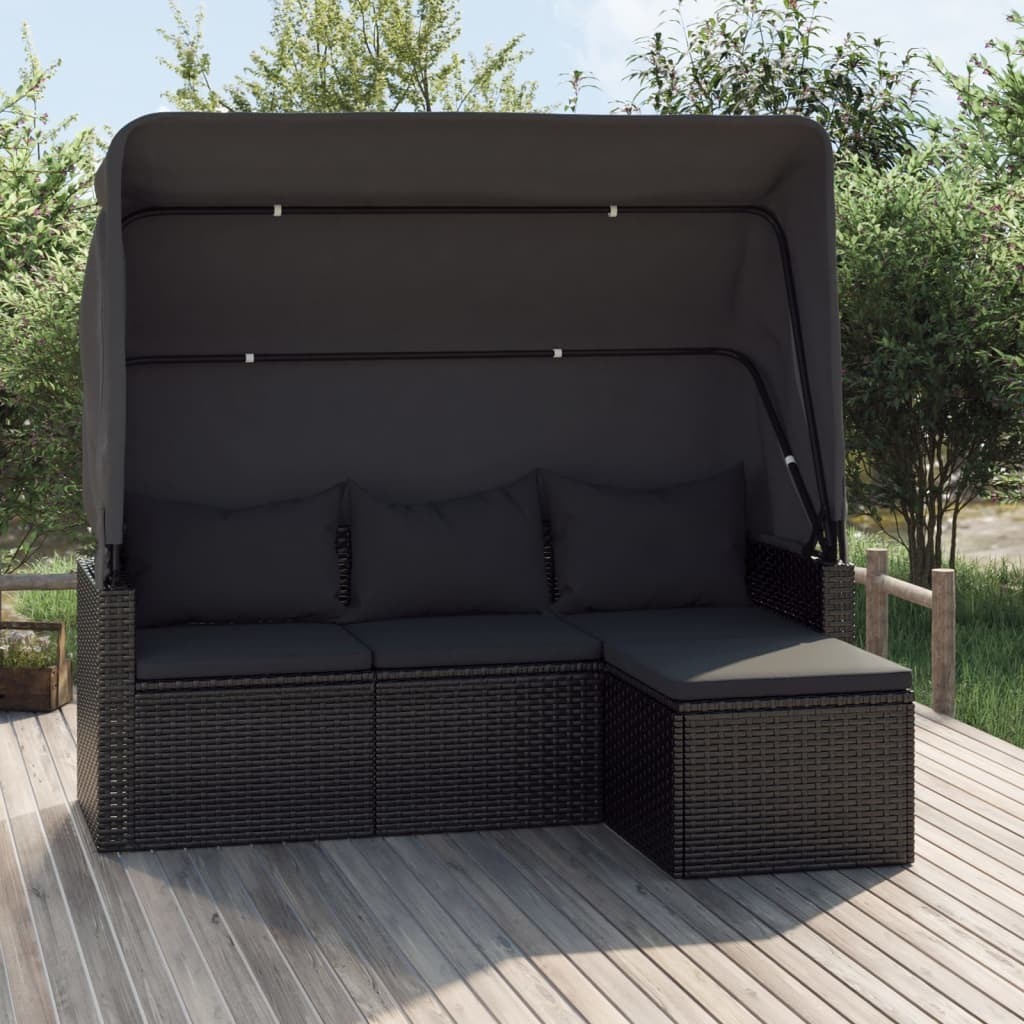 Maison Exclusive - 3-Sitzer-Gartensofa mit Dach und Fußhocker Schwarz Poly Rattan