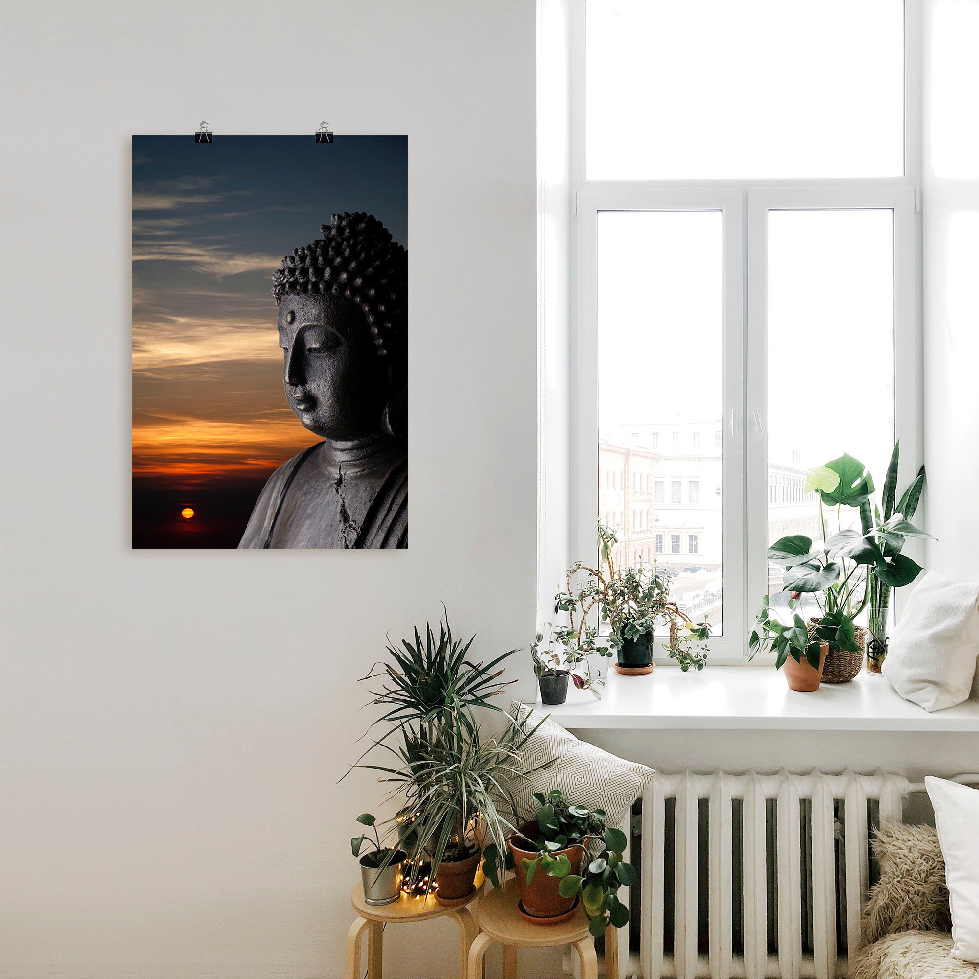 Poster ARTLAND "Buddha Statue vor Sonnenuntergang", schwarz (farbe bild(er): schwarz), B:60cm H:90cm, Bilder, Poster, ohne Rahmen farbe bild(er): schwarz B/H/T: 60cm x 90cm, Poster Buddhismus Hochformat, 1 Stk.