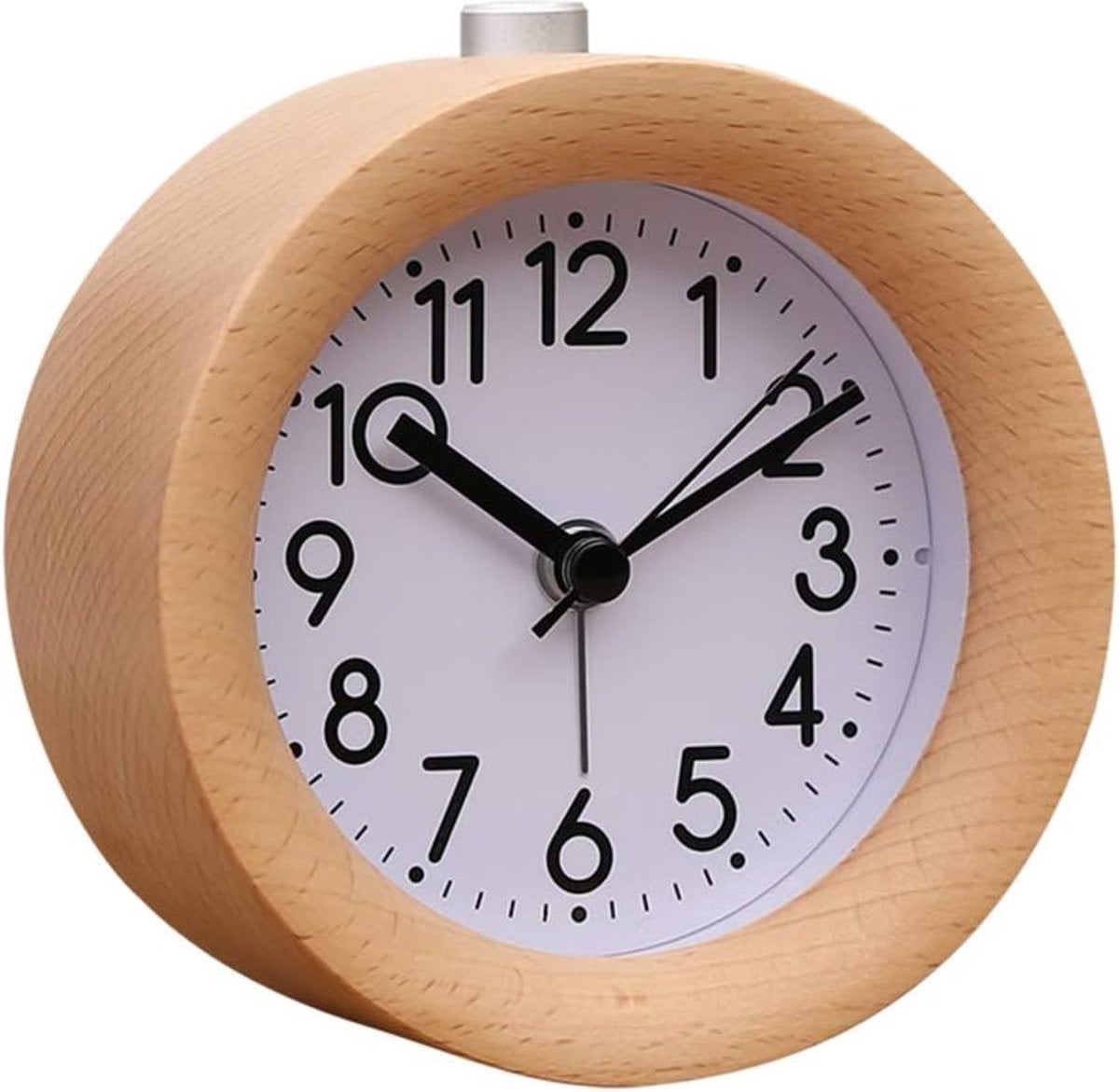 Handgemaakte houten ronde digitale wekker met nachtlampje en snoozefunctie, beukenhout