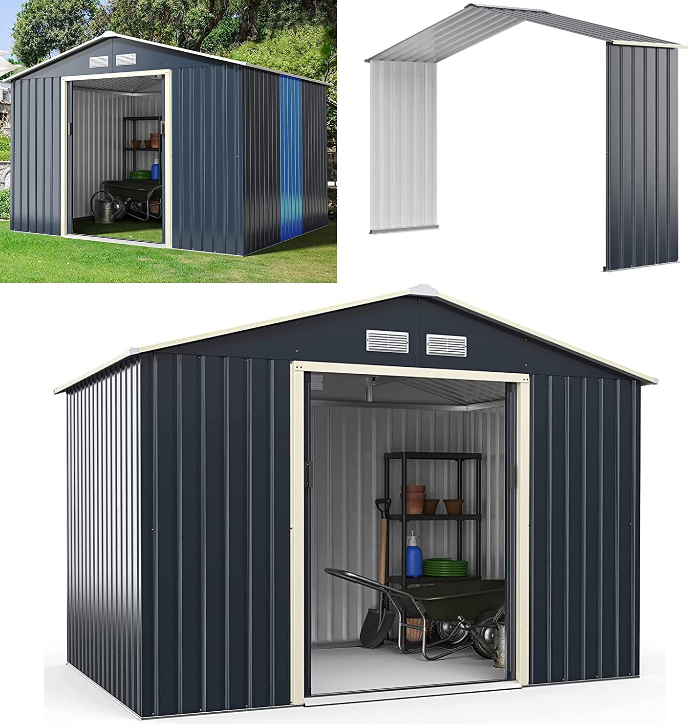 COSTWAY Gerätehaus Metall Erweitert-277x255x202cm, Geräteschuppen abschließbar, Gartenhaus mit 4 Luftschlitzen und Schiebetür