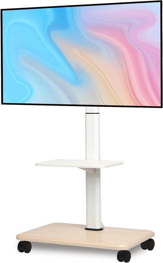Mobiler TV-Ständer - Rollbarer TV-Wagen - Zum einfachen Verschieben des Fernsehers - Höhenverstellbar - Für Bildschirme von 32-70 Zoll - Weiß, Holzoptik
