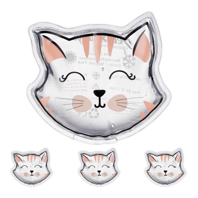 Relaxdays Hot-cold pack kinderen set van 4, kat ontwerp, doorzichtig, 10 x 11 cm