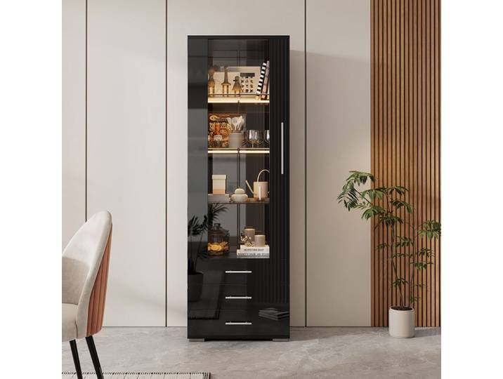 Vitrine Noire verre trempé éclairage LED 60x35x180cm pour salon