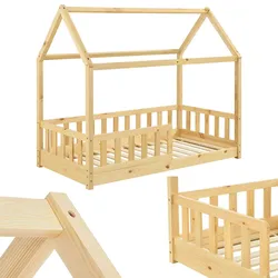 Juskys Kinderbett Marli 80 x 160 cm Rausfallschutz, Lattenrost & Dach   Natur   Hausbett   Holz