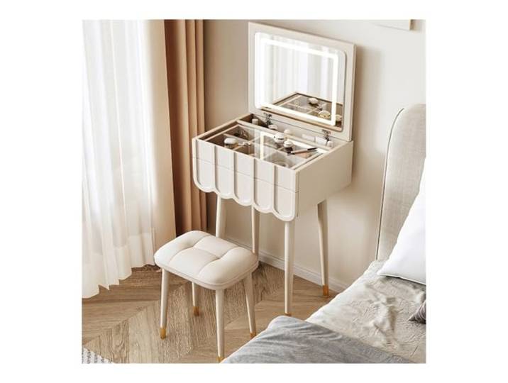 zhangrui1888 Schminktisch Schminktisch-Set mit hochklappbarem Spiegelhocker Schlafzimmer-Make-up-Waschtisch ﻿(Weiß)
