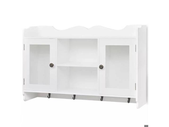 Étagère murale - Design - Vitrine en MDF blanc - 2 portes en verre - 4 crochets - Facile à monter
