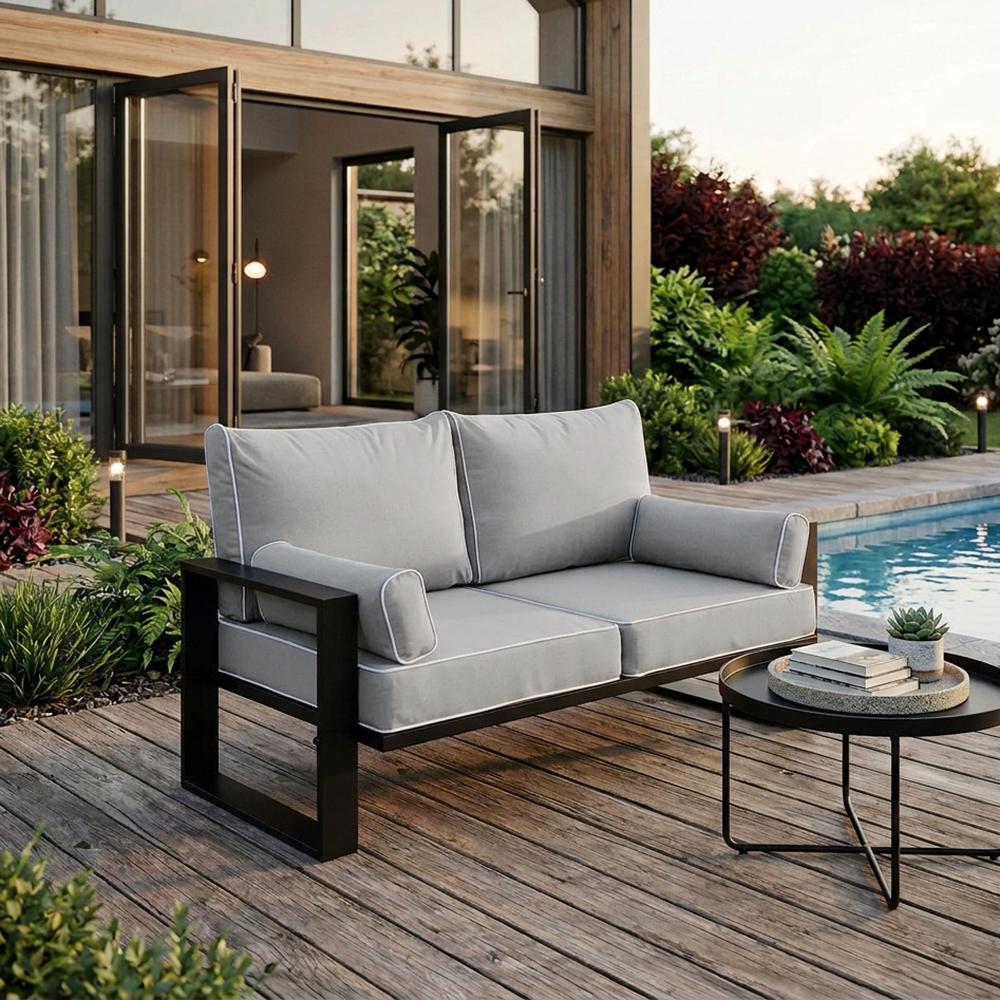 BEAUTYSOFA | VERDINO 2-Sitzer Gartensofa Grau - Garten Lounge Sofa mit Metallrahmen, Outdoor Sofa wetterfest, SIMAX 03