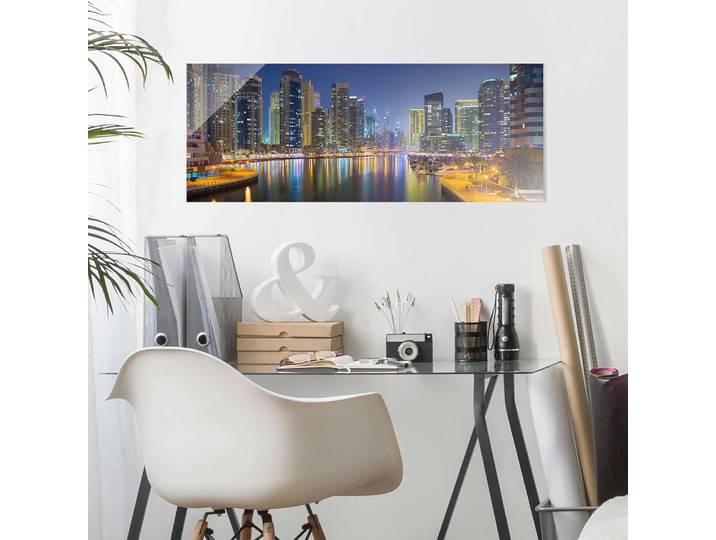 Glasbild Dubai Nacht Skyline Glasart: Sicherheitsglas Material: Glas Motiv: Städte & Architektur Muster: mit Motiv Blau 125 x 50 x 0cm