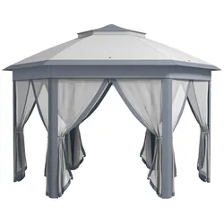 Outsunny Faltpavillon 4 x 4m, Sechseck-Design, Netzvorhänge, wasserabweisend, Lüftungsdach, Grau+Weiß
