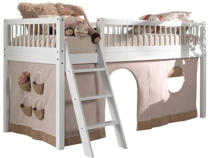 Spielbett VIPACK Forrest 90/200 aus massiver Buche weiss lackiert, inkl. Vorhang-Set , weiss (weiß, weiß, weiß), B:135,5cm H:114cm L:207,5cm, Betten, Spielbett, stabil gebaut mit umlaufenden Absturzschutz, Leiter und Rolllattenrost