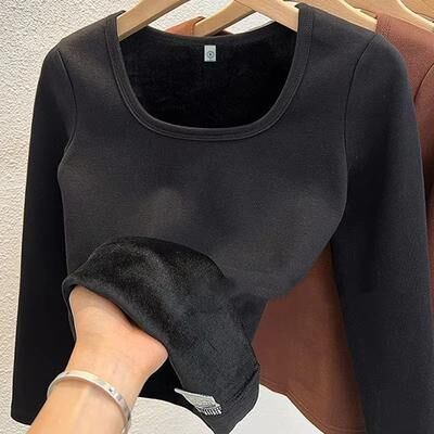 Inspired Finds Women's Long Sleeve Thermal Underwear Top Square Collar Fleece Basic Pullover Winter Shirt black xxl(60 65 Kg)