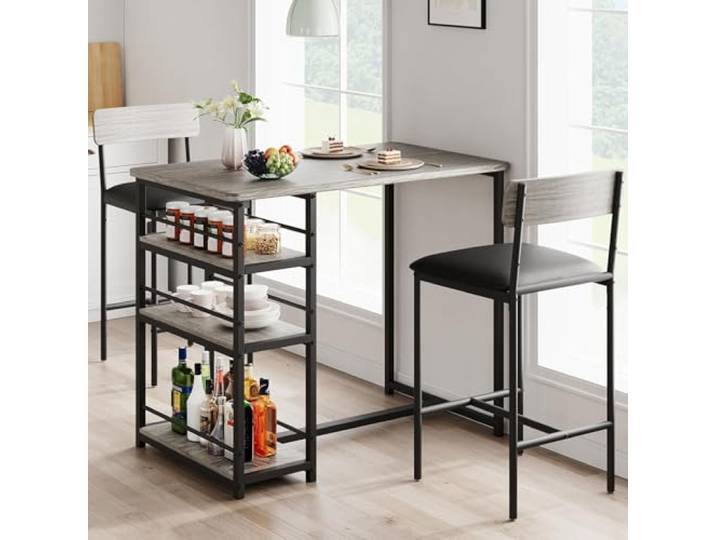 Litake Bartisch mit Barhocker Set, Stehtisch mit 2 Barhockern und 3 Seitenregalen 3 TLG. Esstisch Set Küchentisch Sitzgruppe Industriell für Esszimmer, Küche, Wohnzimmer, Grau