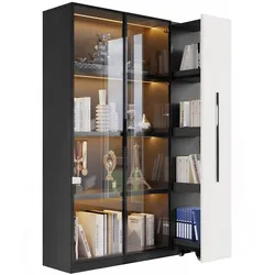Multifunktionsschrank Vitrine 110x35x160 LED Glas Regal ausziehbar Stauraum Bücher Deko Büro Wohnzimmer Schwarz-Weiß