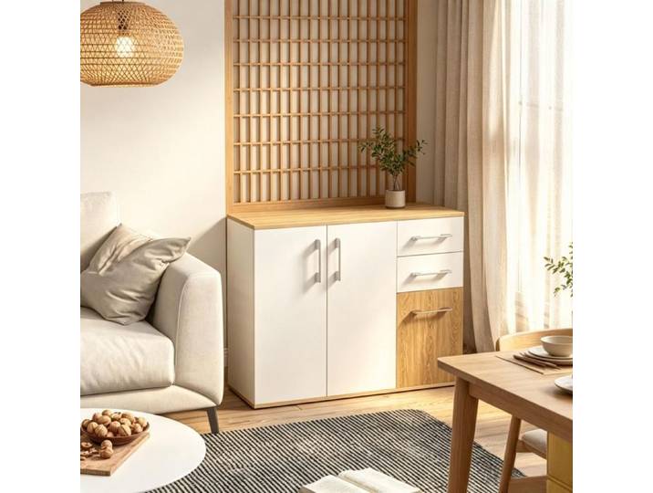 Buffet bas - ZEVKOR - Buffet Bas - 3 portes 3 tiroirs - Bicolore blanc & naturel - Étagère réglable