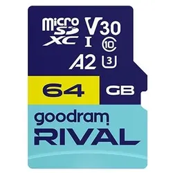 Goodram microSDXC 64GB V30 A2 UHS I U3 RIVAL + adapter (64 GB, microSDXC, U3, UHS-I), Speicherkarte, Blau