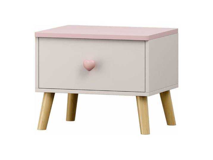 Table de chevet - HELLOSHOP26 - Modèle enfant - Blanc et rose - 1 tiroir cœur - Bois MDF et pin