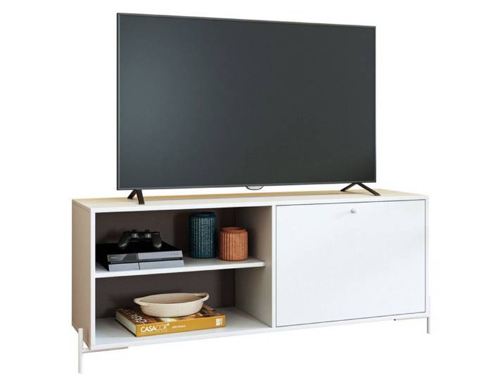 Meuble TV Bar 60 Pouces Blanc 1 Porte 4 Niches Pieds Métal Ronds L 142 H 56 P 35 cm - L 142 x l 35 x H 56 cm