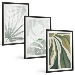 BILDER SET 3er Set - 40x60 cm Schwarzer Rahmen - Blätter von Pflanzen in Grün und Grau