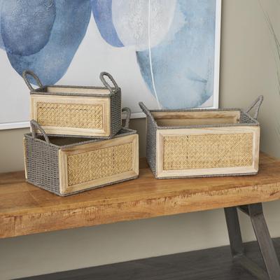 ARCILLA ELEMENTAL Brown Rattan Woven Decorative and Functional Storage Basket with Rope Handles (Set of 3)