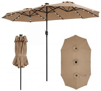 Costway 13 FT Double-Sided Patio Umbrella Large Rectangle Market Umbrella with 36 LED Lights-Tan