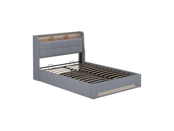 VitaliSpa Polsterbett Christin Grau/Eiche 140x200 mit LED und USB-Anschluss, Grau, Eichefarben, Holzwerkstoff, Rechteckig, Schlafzimmer, Bett