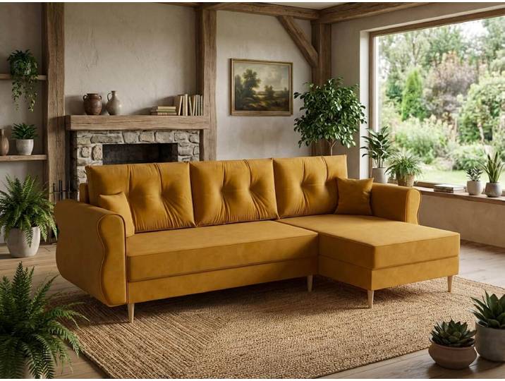 Ausziehbares Ecksofa SILVIANO 230x140 cm, senffarben, beidseitig montierbar