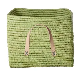 RICE Raffia Aufbewahrungskorb mit Lederschlaufen 30x30x25 cm, L30 x B30 x H25cm, apfelgrün