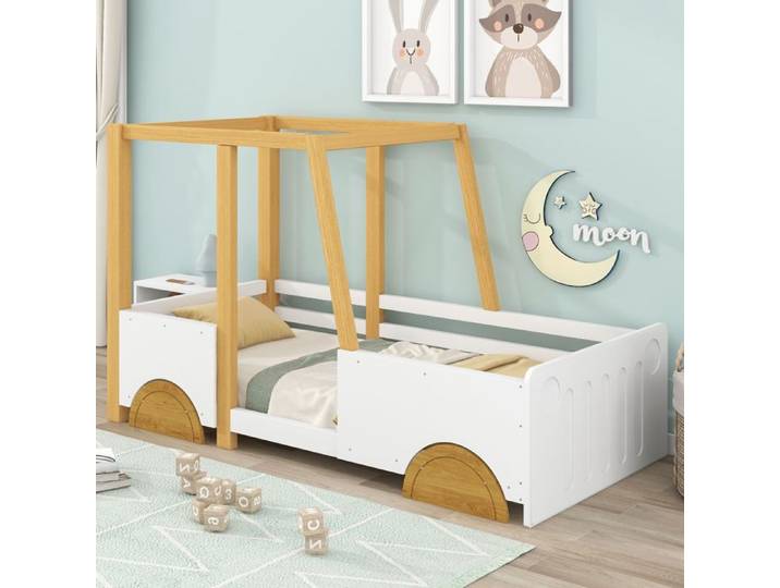 Lit voiture enfant 90 x 200 cm – pin et MDF – blanc et naturel