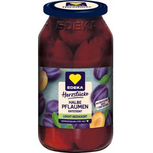 Edeka Obstkonserve Herzstücke halbe Pflaumen entsteint, leicht gezuckert, vegan, Hälften in Glas, 680 g