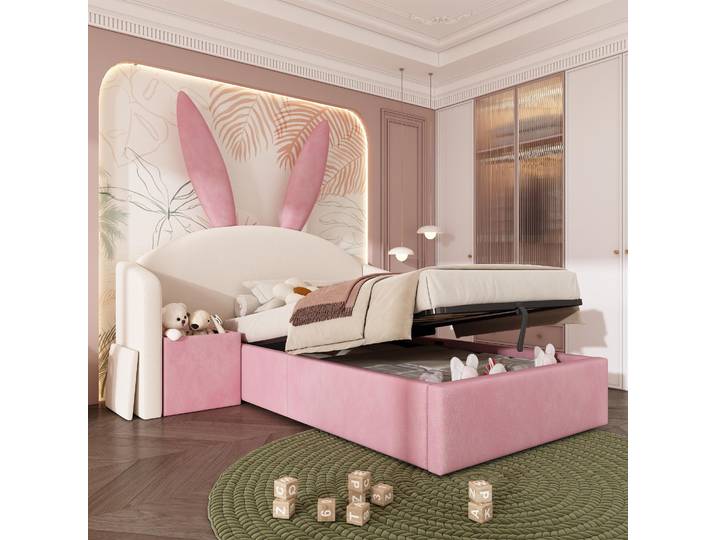 STILVORA Polsterbett 90x190 cm mit Hasenohren-Kopfteil Stauraumbett mit hydraulischem Stauraum, Kinderbett mit Nachttisch, Samt Beige+Rosa