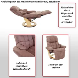 MCA Relaxsessel Calgary 2, Fernsehsessel Sessel, Stoff/Textil 150kg belastbar ~ antikbraun, naturbraun