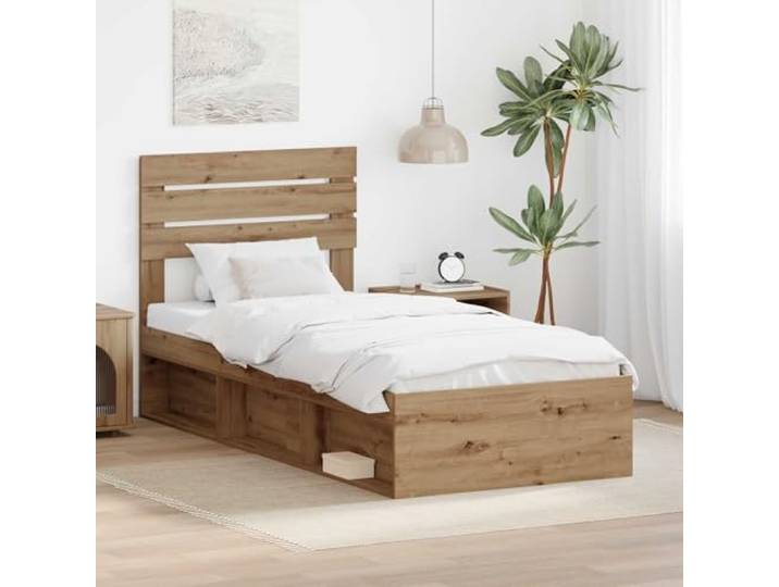 Massives Kiefernholz Modernes Bettgestell Eiche 75 x 190 cm Braun Bettrahmen Kunsthandwerk Eiche 75x190 cm Massives Kiefernholz Bettgestell mit Kopfteil Lattenrost Stabil Schlafzimmer Möbel