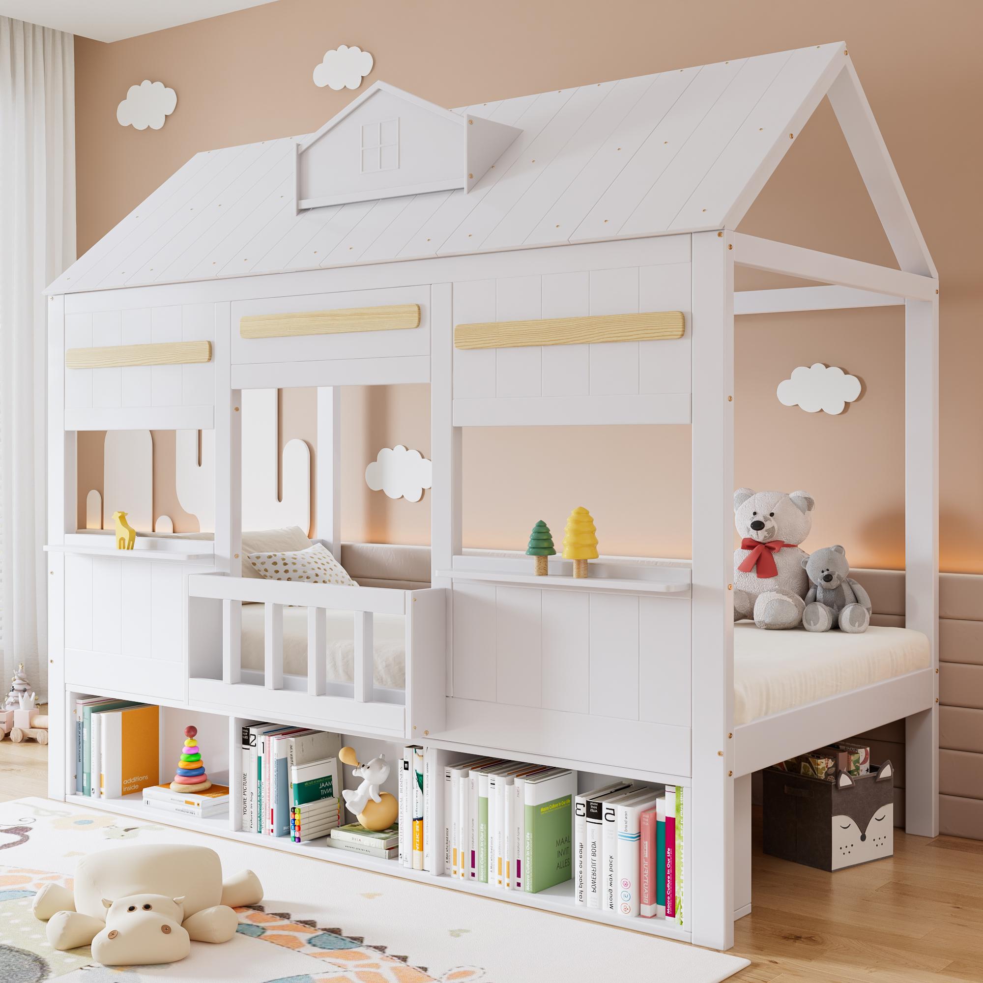 MODFU Einzelbett Kinderbett 90x200 mit einer Reihe Bücherregal Kinderbett Hausbett mit Sicherheitsgeländer ohne Matratze Weiß