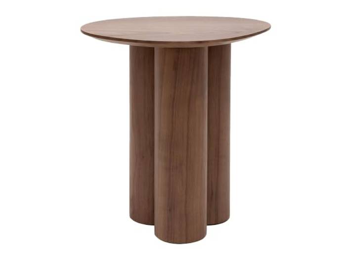 Beistelltisch mit asymmetrischer Freiformplatte, natürliches Holzfurnier, moderner Säulenfuß für Wohnzimmer (Walnussfarbe)