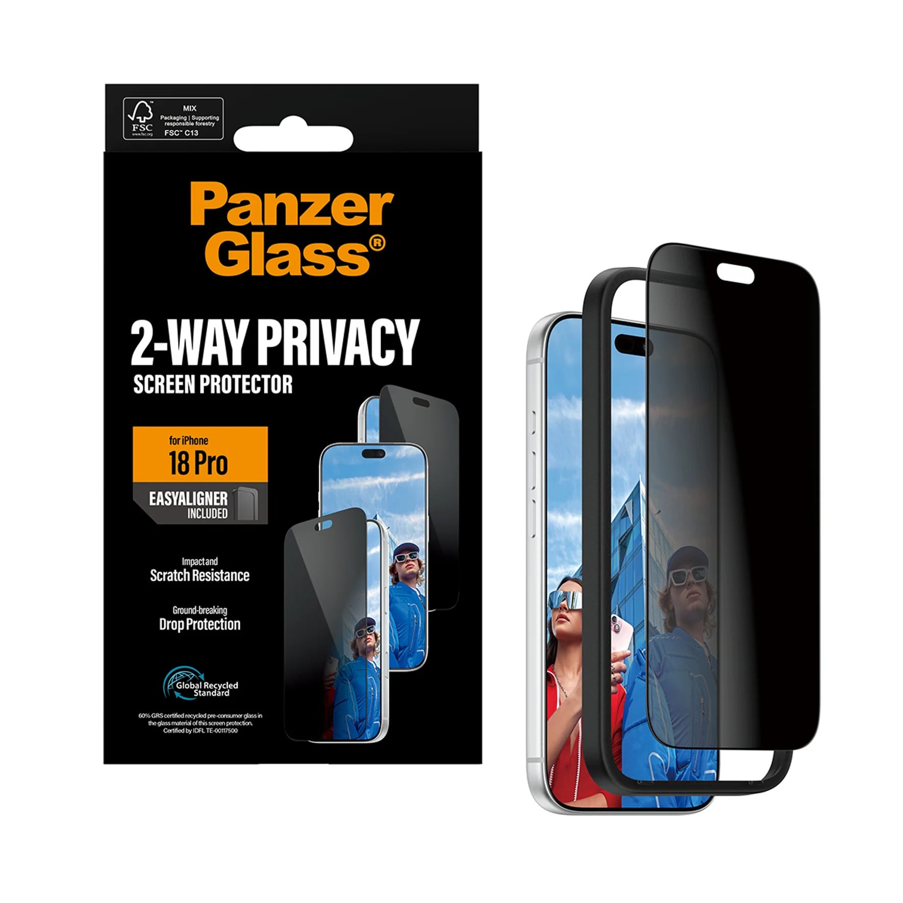PanzerGlass 2-Way Privacy Displayschutzglas Ultra-Wide Fit m. EasyAligner Apple iPhone 18 Pro
