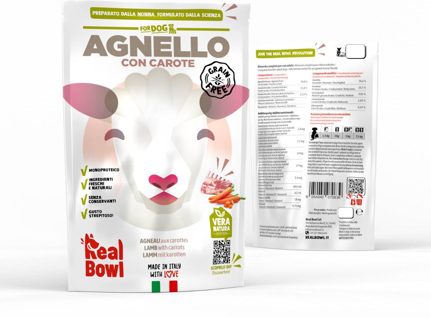 REAL BOWL 1 BUSTA x 700 g Alimento Fresco Cotto per Cani all'Agnello con Carote Grain Free
