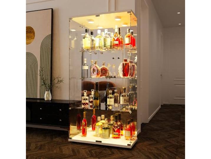 FEEOHOME Glasvitrine stehend, großer Vitrine Glas, Transparent Vitrine mit 4 Schichten mit 2 Tür, Vitrinenschrank für Wohnzimmer, Schlafzimmer, 78.5x35x163 cm, weiß
