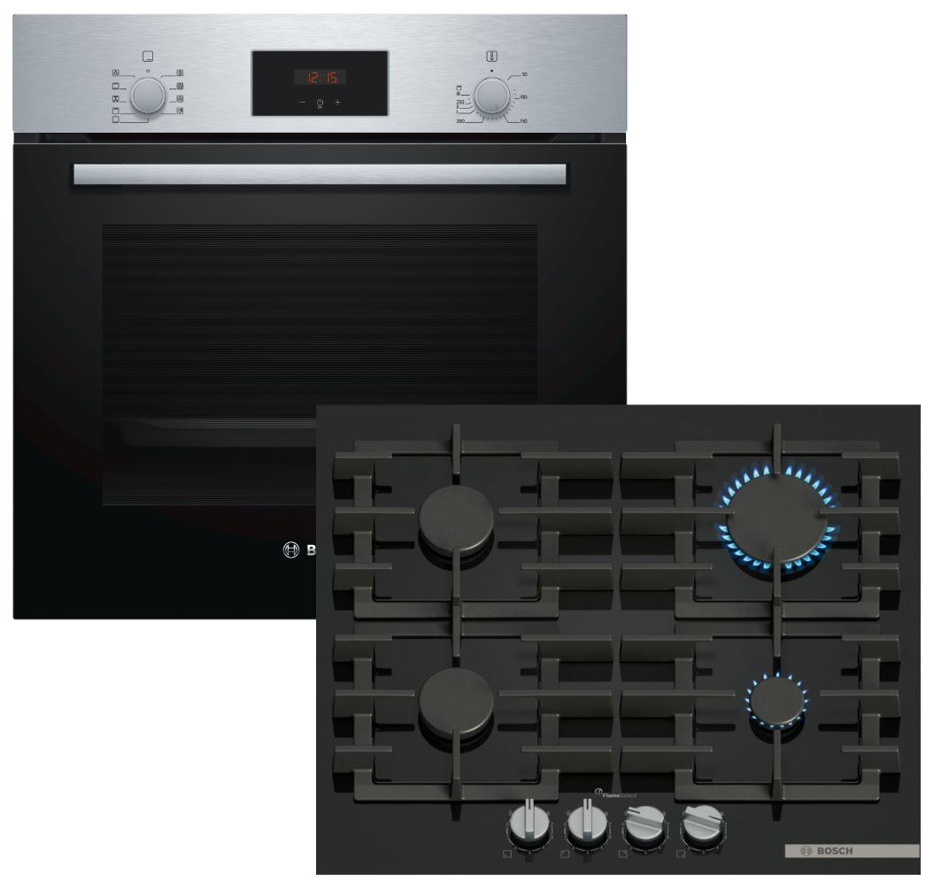 Herdset BOSCH Backofen Schnellaufheizung Teleskopauszug + Gaskochfeld FlameSelect autark 60cm